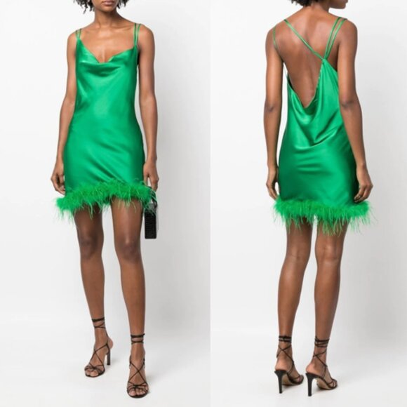 LOULOU x Rue Ra Feather Trimmed Mini Dress in Green Medium NWT